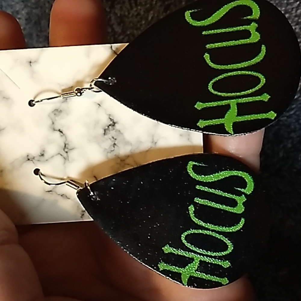 Faux Leather Grinch Hocus Christmas Earrings 1.5 x 2.5 Black & Green